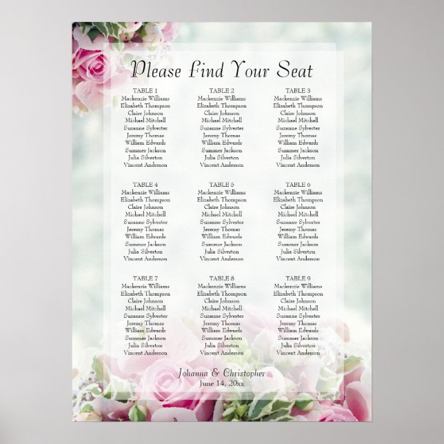Poster Gráfico de Assentos de Casamento em Mesa com Rosas (Frente)