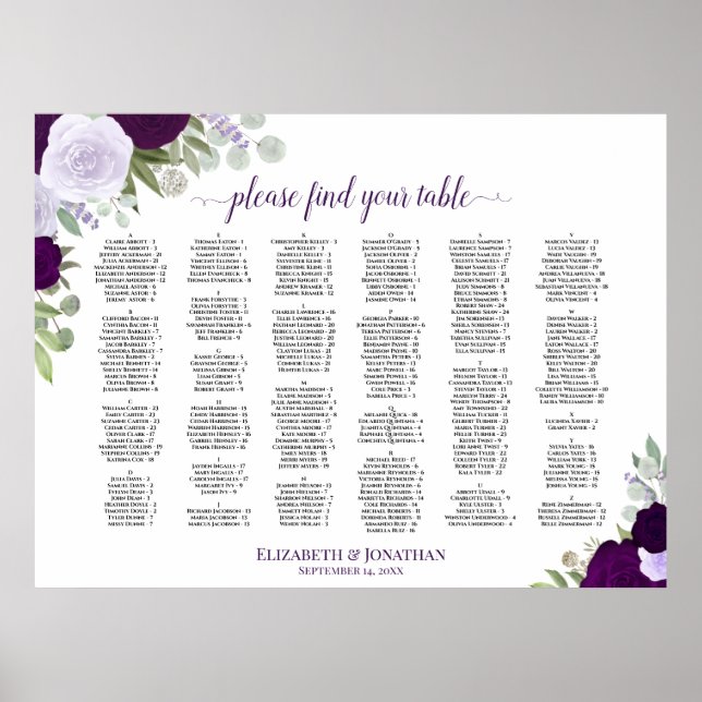 Poster Gráfico de Assentos de Casamento em Ordem Alfabéti (Frente)