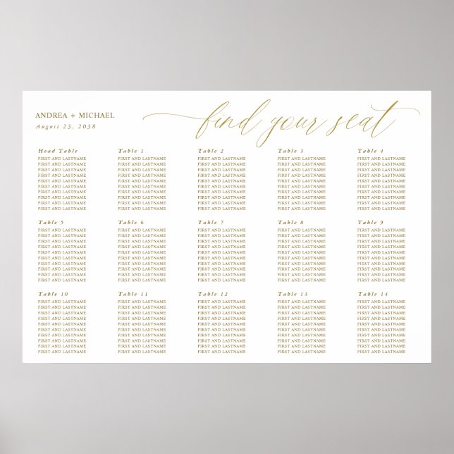 Poster Gráfico de Assentos de Casamento em Ouro com Calig (Frente)