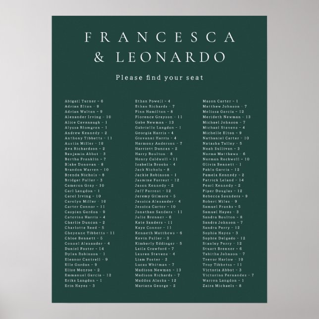 Poster Gráfico de Assentos de Casamento Esmeralda Clássic (Frente)