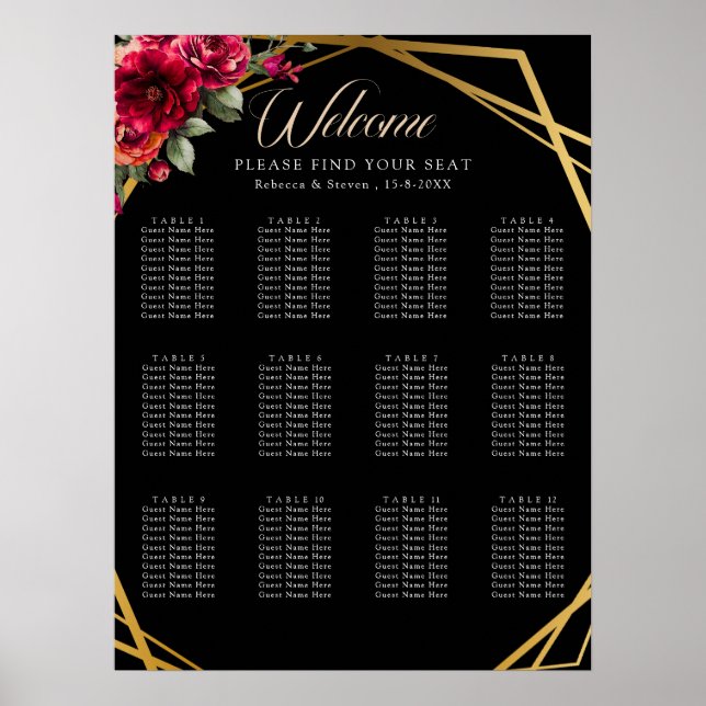 Poster Gráfico de assentos de casamento florais preto-chi (Frente)