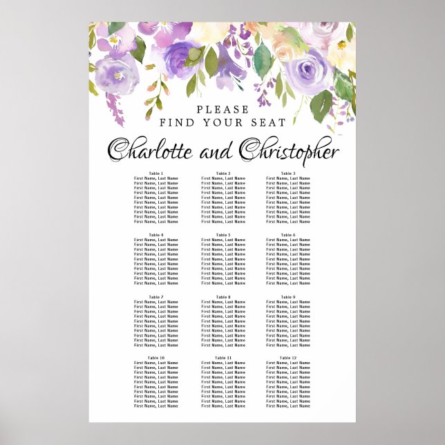 Poster Gráfico de Assentos de Casamento Floral 12-Mesa (Frente)