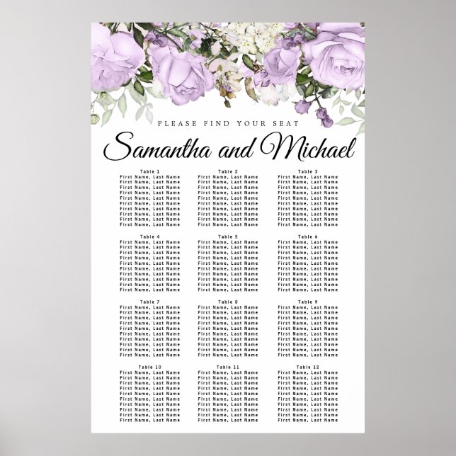 Poster Gráfico de Assentos de Casamento Floral 12-Mesa Ro (Frente)