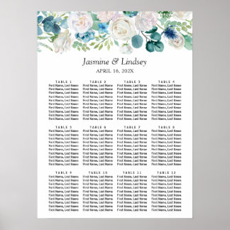 Poster Gráfico de Assentos de Casamento Floral Azul Verde