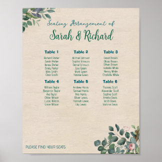 Poster Gráfico de Assentos de Casamento Floral Blush Sage