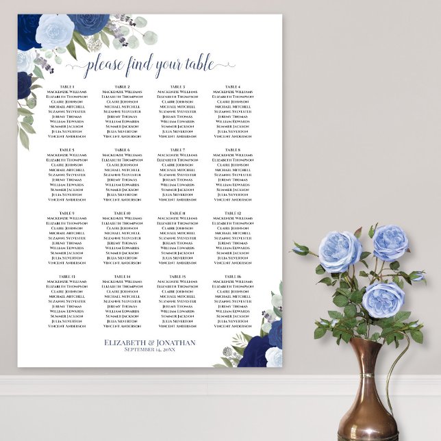 Poster Gráfico de Assentos de Casamento Floral Boho Azul  (In Situ on Wall with Flowers)