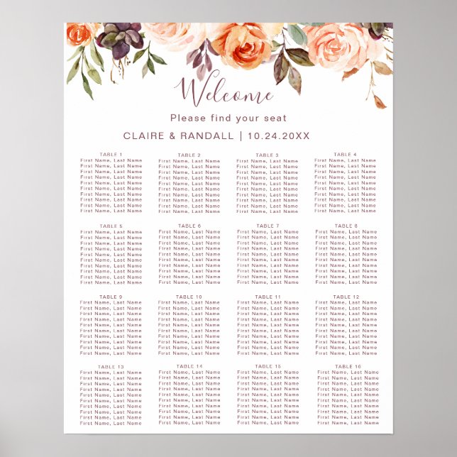 Poster Gráfico de Assentos de Casamento Floral Boho Chic  (Frente)