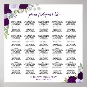 Poster Gráfico de Assentos de Casamento Floral Boho Roxo