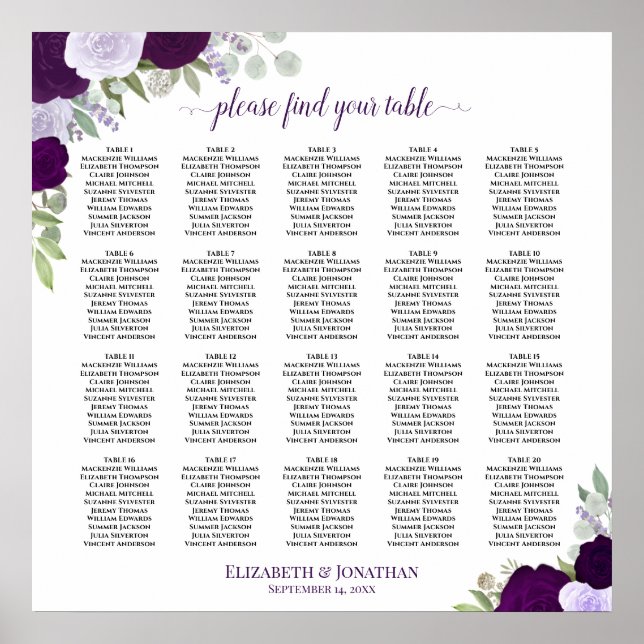 Poster Gráfico de Assentos de Casamento Floral Boho Roxo  (Frente)