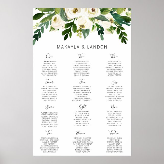Poster Gráfico de Assentos de Casamento Floral Branco Sim (Frente)