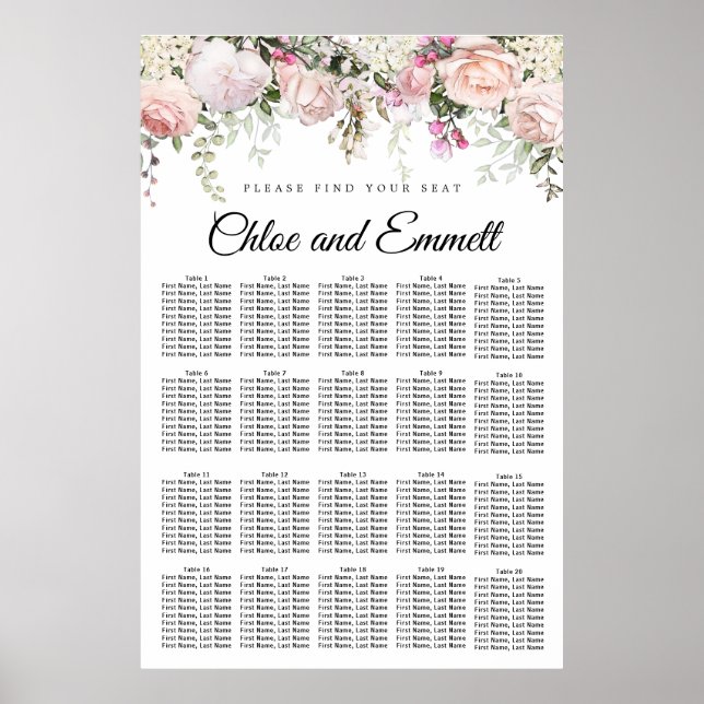 Poster Gráfico de Assentos de Casamento Floral de 20 Mesa (Frente)