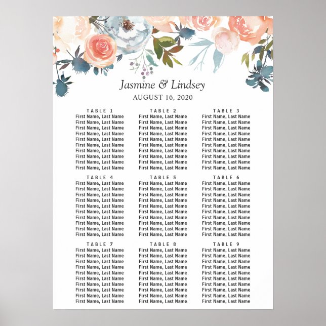 Poster Gráfico de Assentos de Casamento Floral de Outono  (Frente)