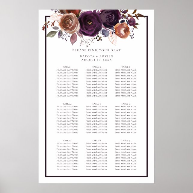 Poster Gráfico de Assentos de Casamento Floral de Púrpura (Frente)