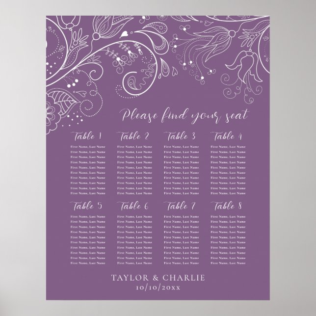 Poster Gráfico de Assentos de Casamento Floral Dusty Purp (Frente)