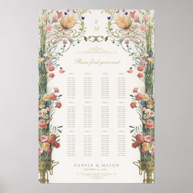Poster Gráfico de Assentos de Casamento Floral Elegância  (Frente)
