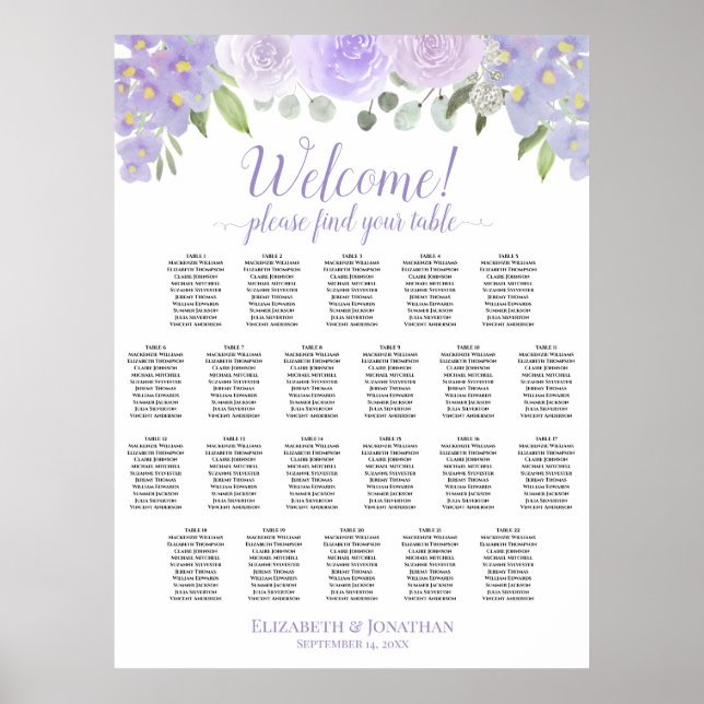 Poster Gráfico de Assentos de Casamento Floral Lavanda de (Frente)