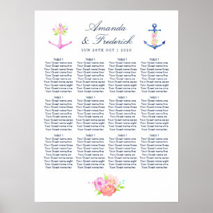 Poster Gráfico de Assentos de Casamento Floral Náutico em