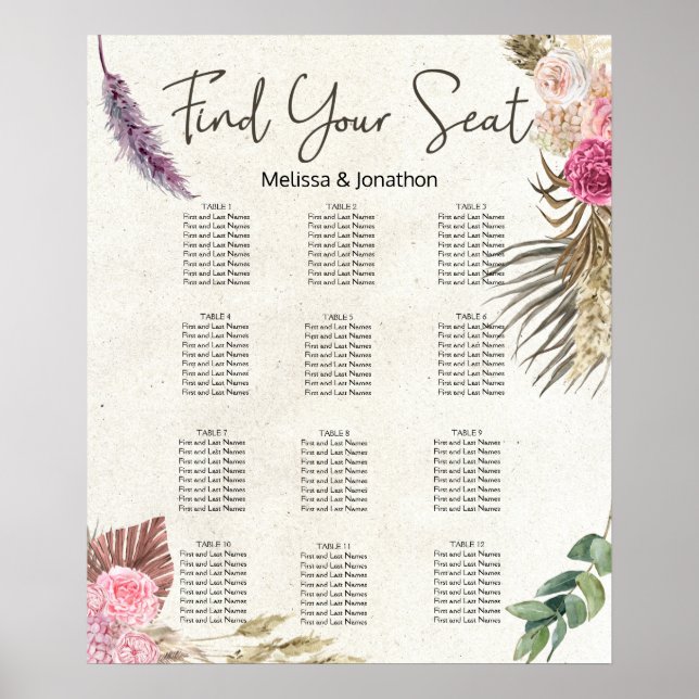 Poster Gráfico de Assentos de Casamento Floral Neutro Boh (Frente)