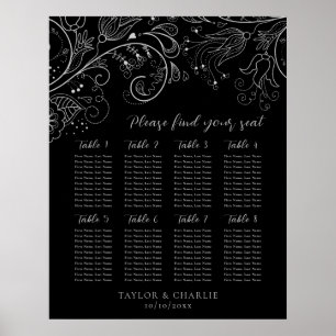 Poster Gráfico de Assentos de Casamento Floral Preto Prat