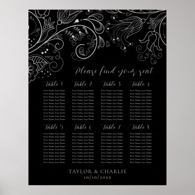 Poster Gráfico de Assentos de Casamento Floral Preto Prat (Frente)
