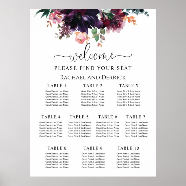 Poster Gráfico de Assentos de Casamento Floral Profundo L (Frente)