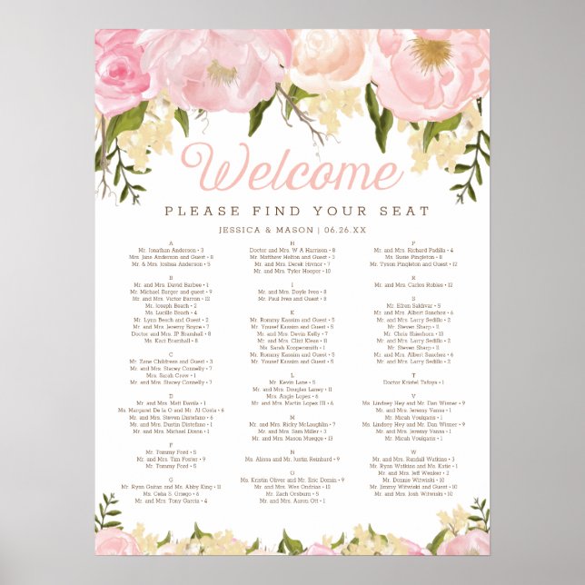 Poster Gráfico de Assentos de Casamento Floral Rosa (Frente)