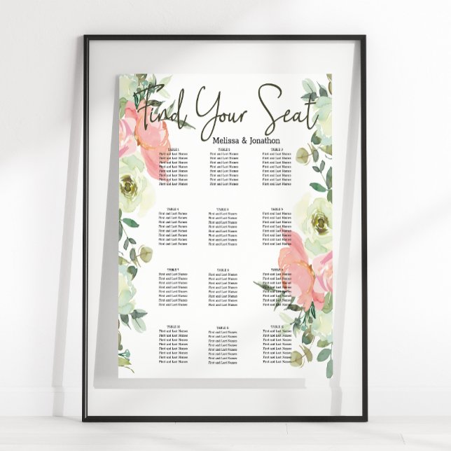 Poster Gráfico de Assentos de Casamento Floral Rosa e Cas (Criador carregado)