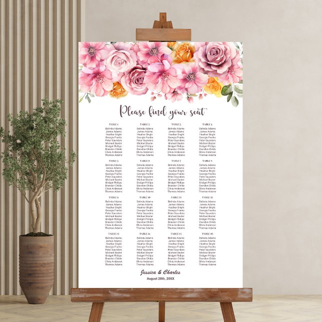Poster Gráfico de Assentos de Casamento Floral Rosa Elega (Criador carregado)