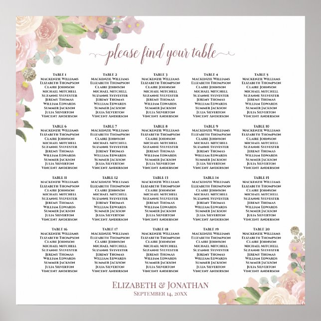 Poster Gráfico de Assentos de Casamento Floral Rosa Po du (Frente)