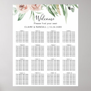 Poster Gráfico de Assentos de Casamento Floral Rosa Verde