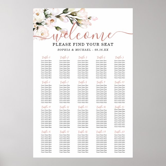 Poster Gráfico de Assentos de Casamento Floral Rosado (Frente)