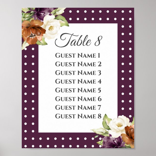 Poster Gráfico de Assentos de Casamento Floral Roxo Chic  (Frente)