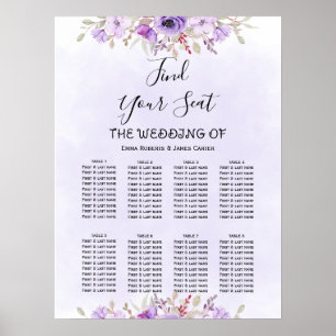 Poster Gráfico de Assentos de Casamento Floral Roxo Elega