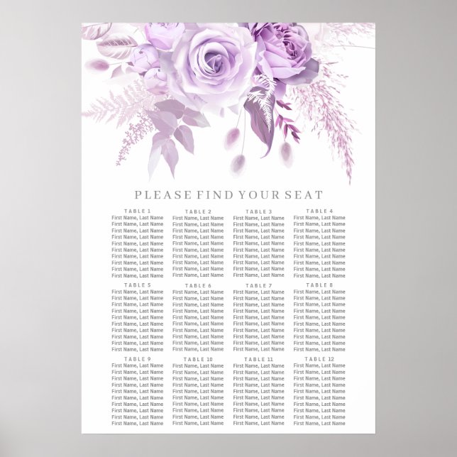 Poster Gráfico de Assentos de Casamento Floral Roxo Encan (Frente)