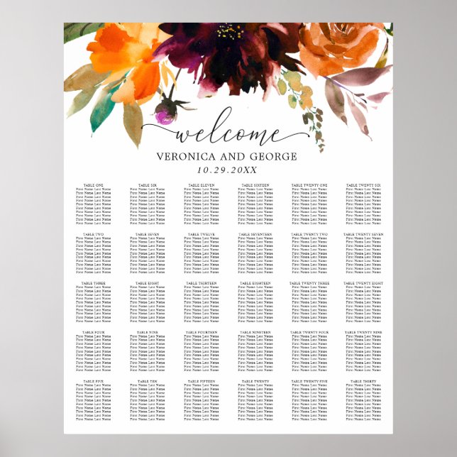 Poster Gráfico de Assentos de Casamento Floral Rústico de (Frente)