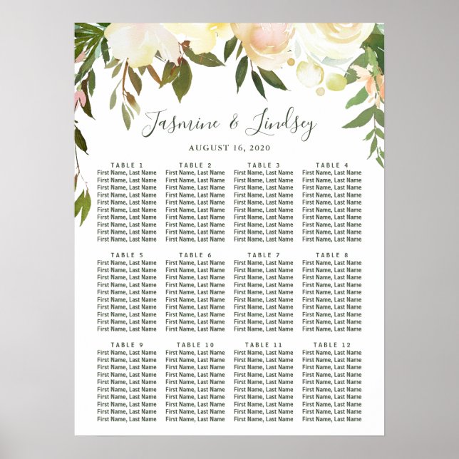 Poster Gráfico de Assentos de Casamento Floral Verde Rúst (Frente)