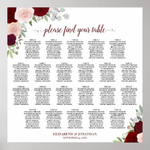 Poster Gráfico de Assentos de Casamento Floral Vermelho e