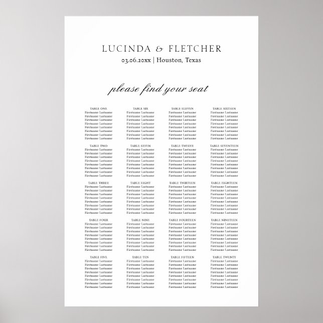 Poster Gráfico de Assentos de Casamento Formal Clássico E (Frente)