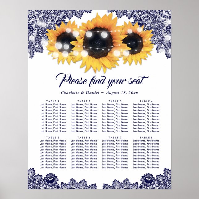 Poster Gráfico de Assentos de Casamento Girassol com Rend (Frente)