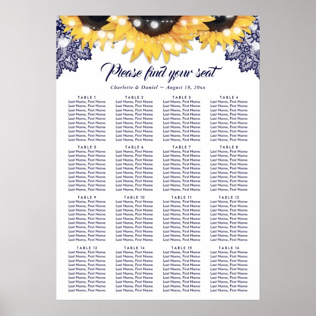 Poster Gráfico de Assentos de Casamento Girassol com Rend (Frente)