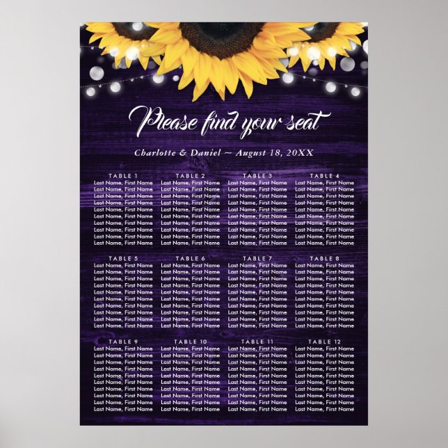 Poster Gráfico de Assentos de Casamento Girassol Roxo 12 (Frente)