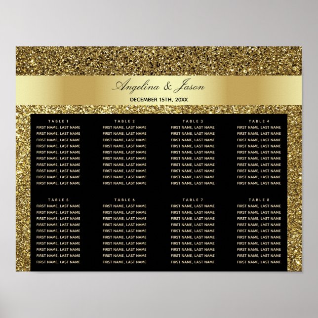 Poster Gráfico de Assentos de Casamento Glam Black e Dour (Frente)