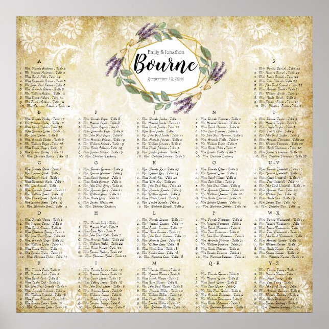 Poster Gráfico de Assentos de Casamento Lavanda Dourada e (Frente)