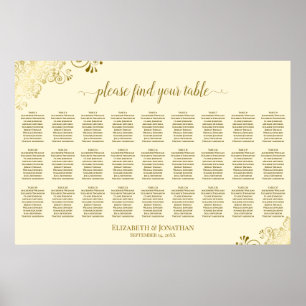 Poster Gráfico de Assentos de Casamento Mesa 27 Dourado e