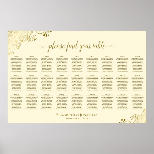 Poster Gráfico de Assentos de Casamento Mesa 27 Dourado e (Frente)