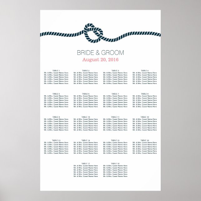Póster Gráfico de Assentos de Casamento Mesa Blue Knot 18 (Frente)