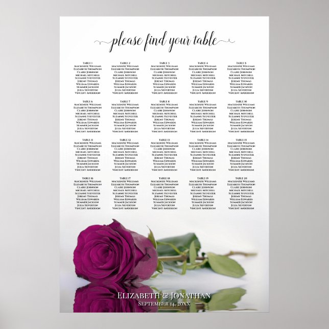 Poster Gráfico de Assentos de Casamento Mesa Rosa 20 Roxo (Frente)