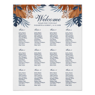 Póster Gráfico de Assentos de Casamento Monstera Azul Mei