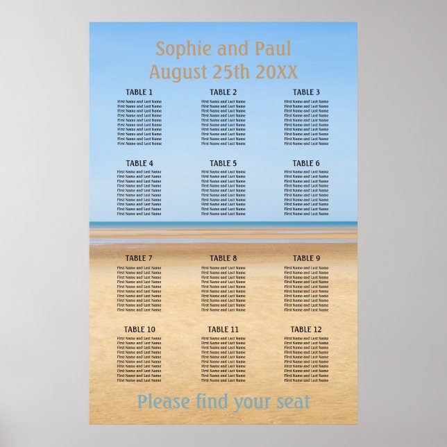 Poster Gráfico de Assentos de Casamento na Praia com 12 M (Frente)