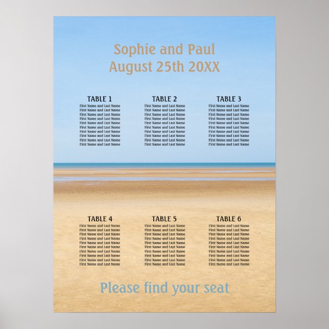 Poster Gráfico de Assentos de Casamento na Praia com 6 Me (Frente)